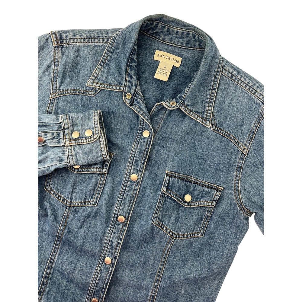 Ann Taylor Womens Blue Denim Western Snap Button Shirt Medium Wash Sz S Long Slv